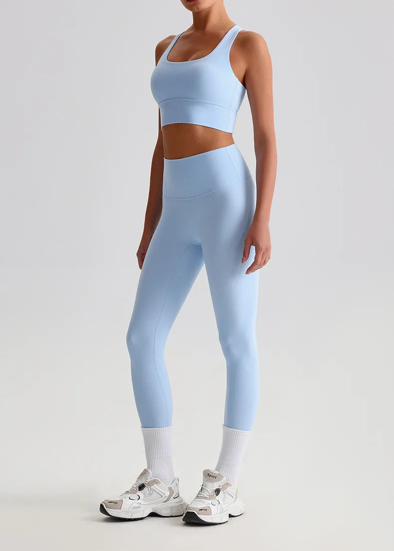 Naked Feel Yoga Set Women Fitness Sportswear 2 Piece Strappy Sports Bra High Waist Gym Leggings Workout Outfit Active Wear