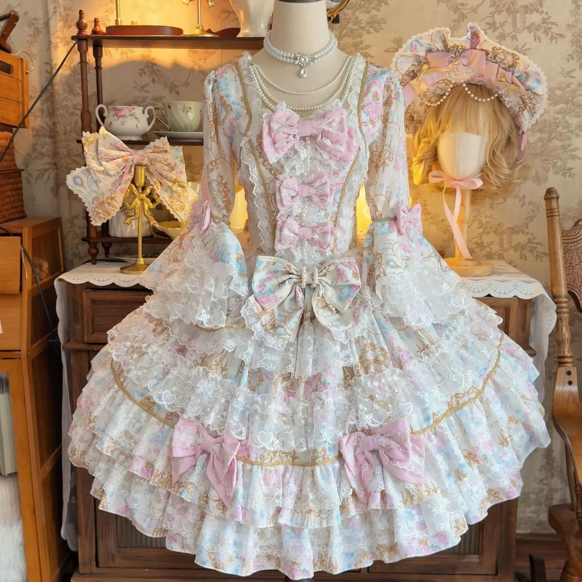 Original Design Lolita Sweet Long Sleeve OP Dress Women Autumn Super Fairy Cute Bow Birthday Party Girls Princess Dresses