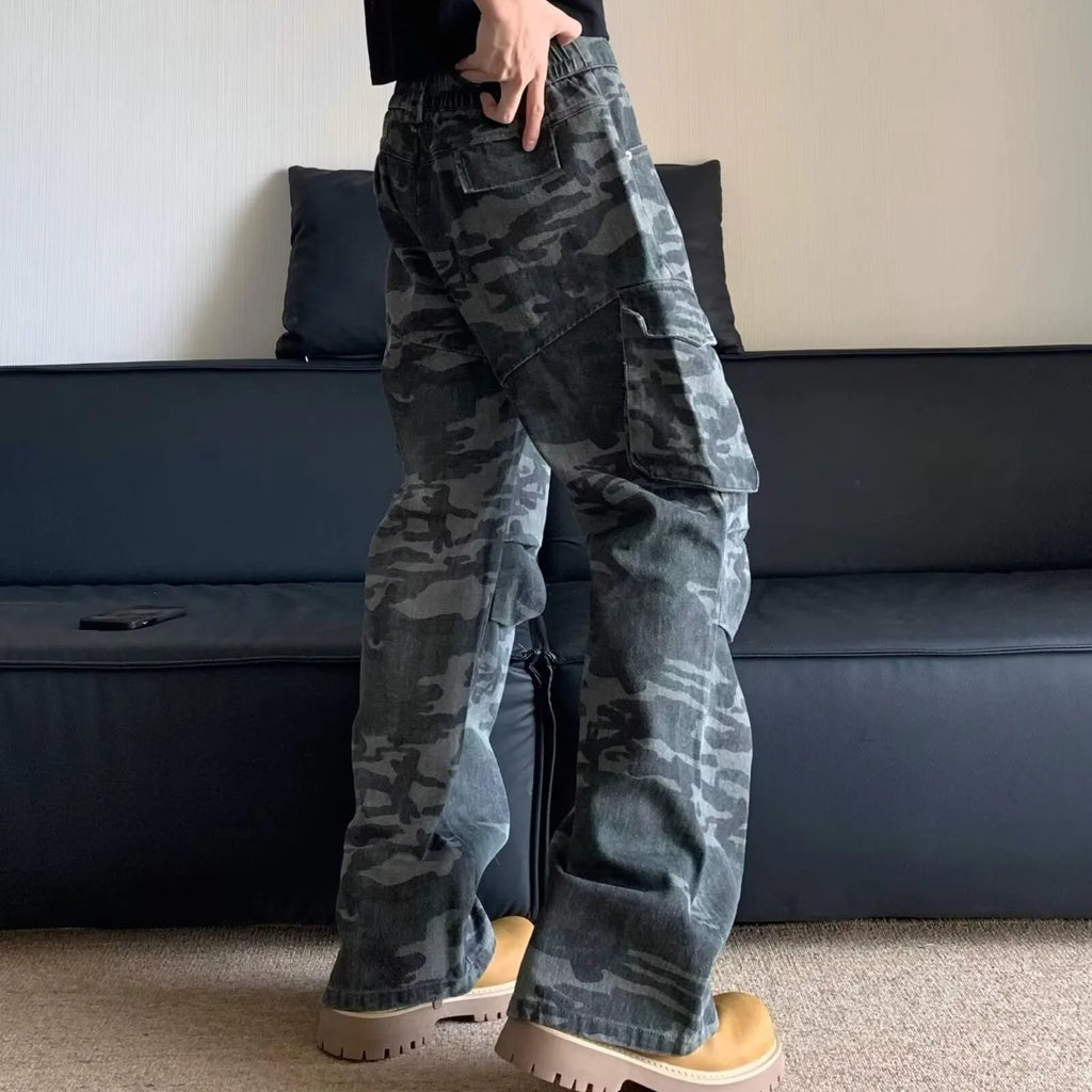 Summer Large Size American Retro Camouflage Work Pants Men's Loose Straight Leg Jeans with Diagonal Pockets Casual Long Trousers