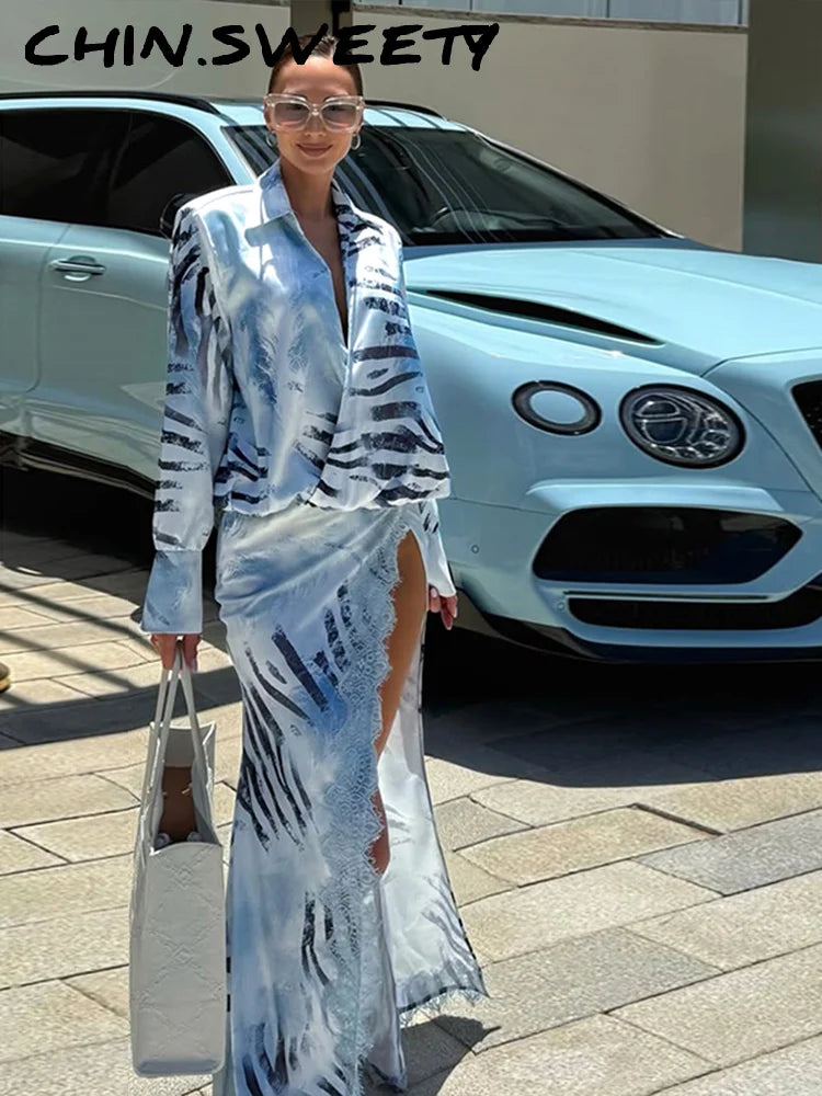 Fashion Lace Patchwork Women's Dress Turn-Down Collar Long Sleeve Waist-Closed Side Split Zebra-Stripe 2026 Summer Female Robe
