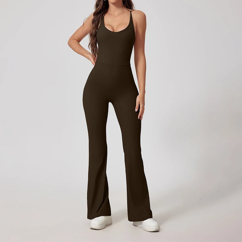 Women Thread Yoga Jumpsuit Sleeveless Gym Tracksuits Flared Overalls Workout Bodysuits Sportswear Female Sports One-Piece Outfit