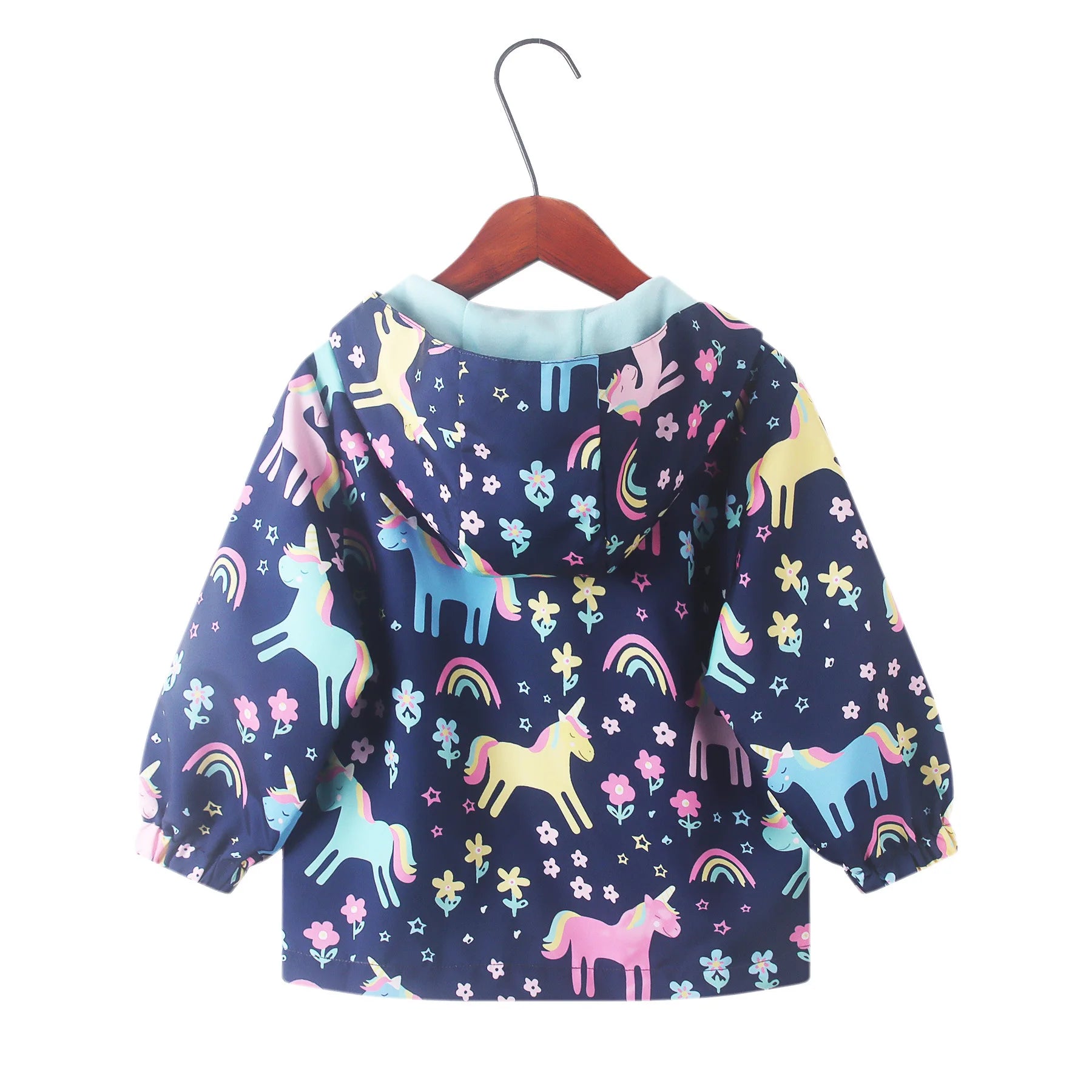 Spring Autumn Girls Cute Cartoon Unicorn Print Windbreaker Outerwear Kids Hooded Zipper Waterproof Jacket Children's Casual Coat