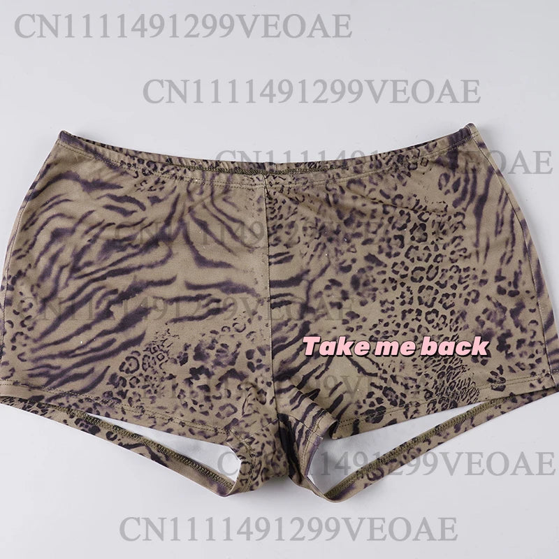 2026 Woman Leopard Print 2 Piece Set Outfit Halter Deep V-neck Backless Crop Top & Low-Rise Shorts Sexy 2pcs Summer Clothes