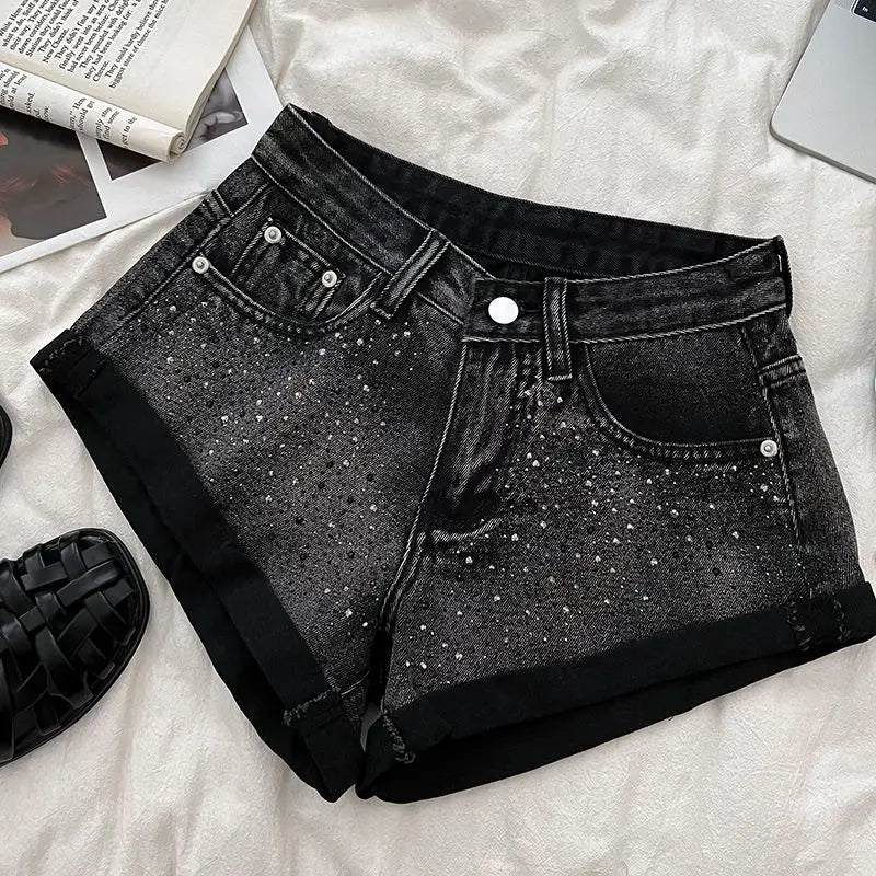 Retro Fashion Rhinestone Denim Shorts Women Pink Summer New A-Line Wide Leg Jeans Ultra Short For Hot Girls Bottoms