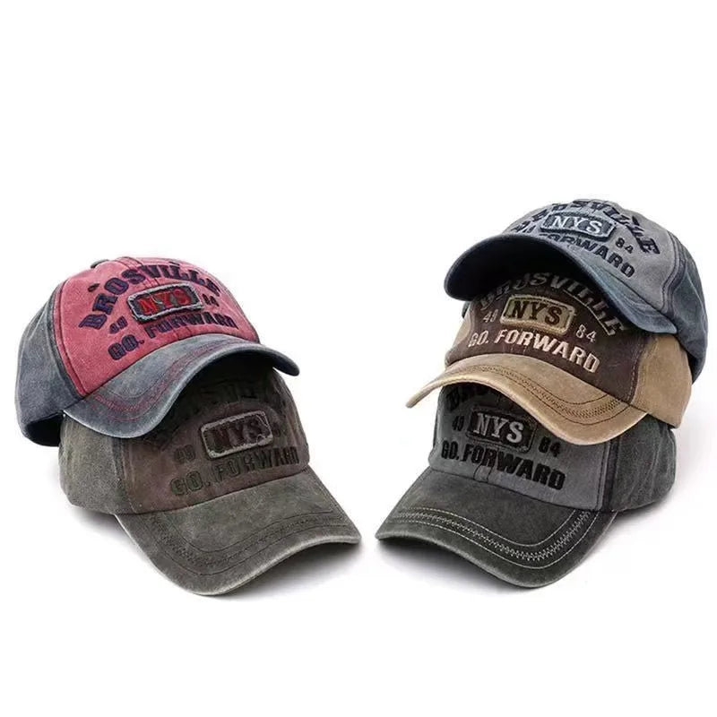 Four Seasons Men Baseball Cap Casual Distressed Washed Cotton Letter Embroidered Cap Bent Brim Dome Casual Sun Protection Hat