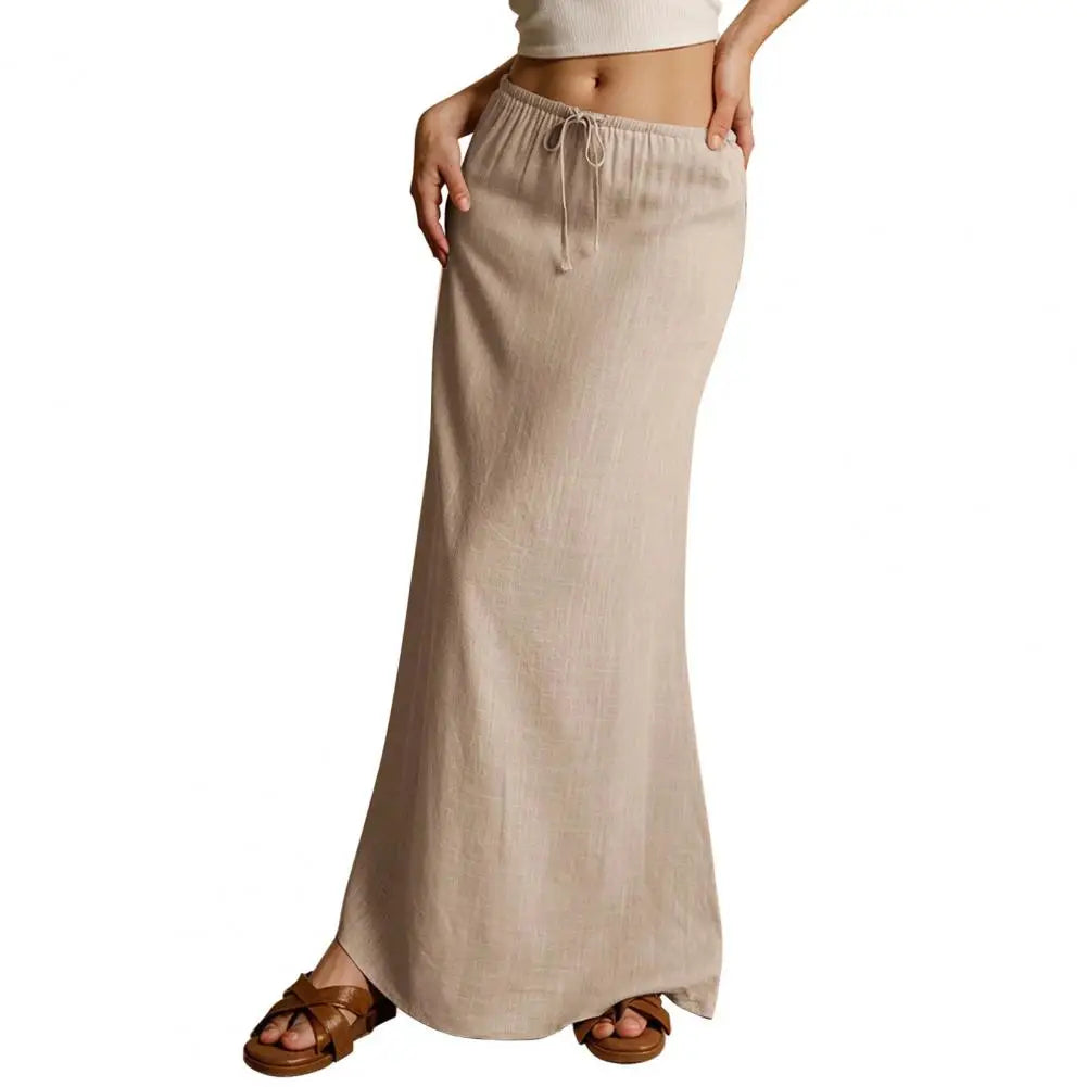 Summer Women Maxi Skirt Mid-rise A-Line Drawstring Solid Color Long Lady Skirt Work Leisure Daily Wear