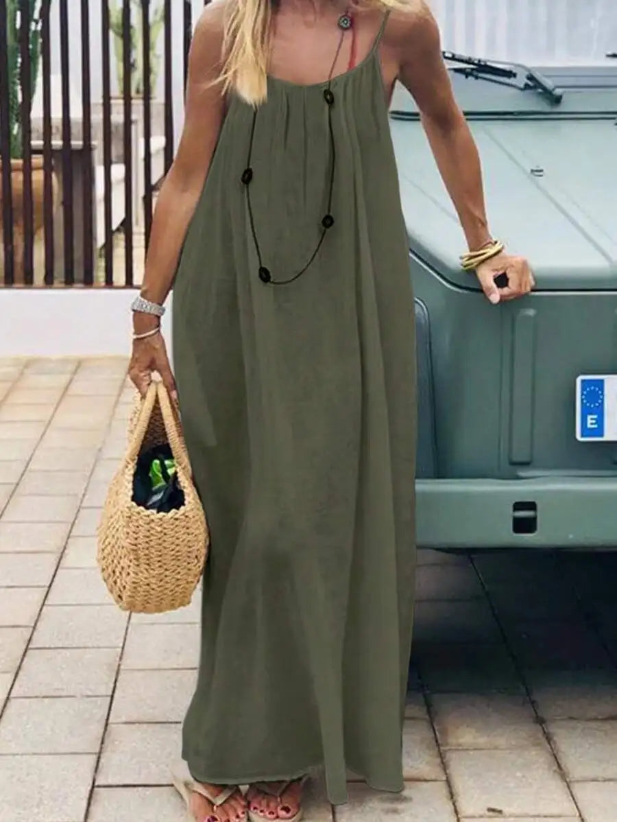 2026 New European & American Cross‑border Women’s Wear, Solid Color Loose Casual Versatile Slip Backless Maxi Dress