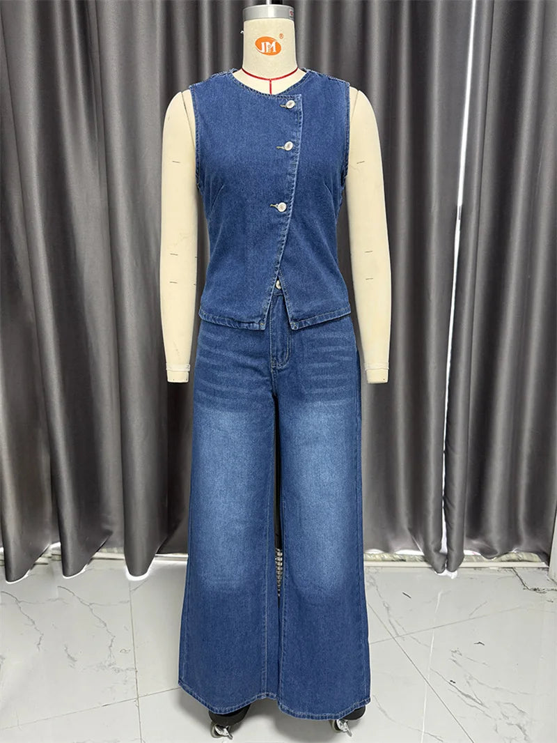Streetwear Denim 2 Piece Sets Women Outfit Spring Summer Women 2025 Sleeveless Vest Top Wide Leg Pants Sets Jeans Two Piece Set