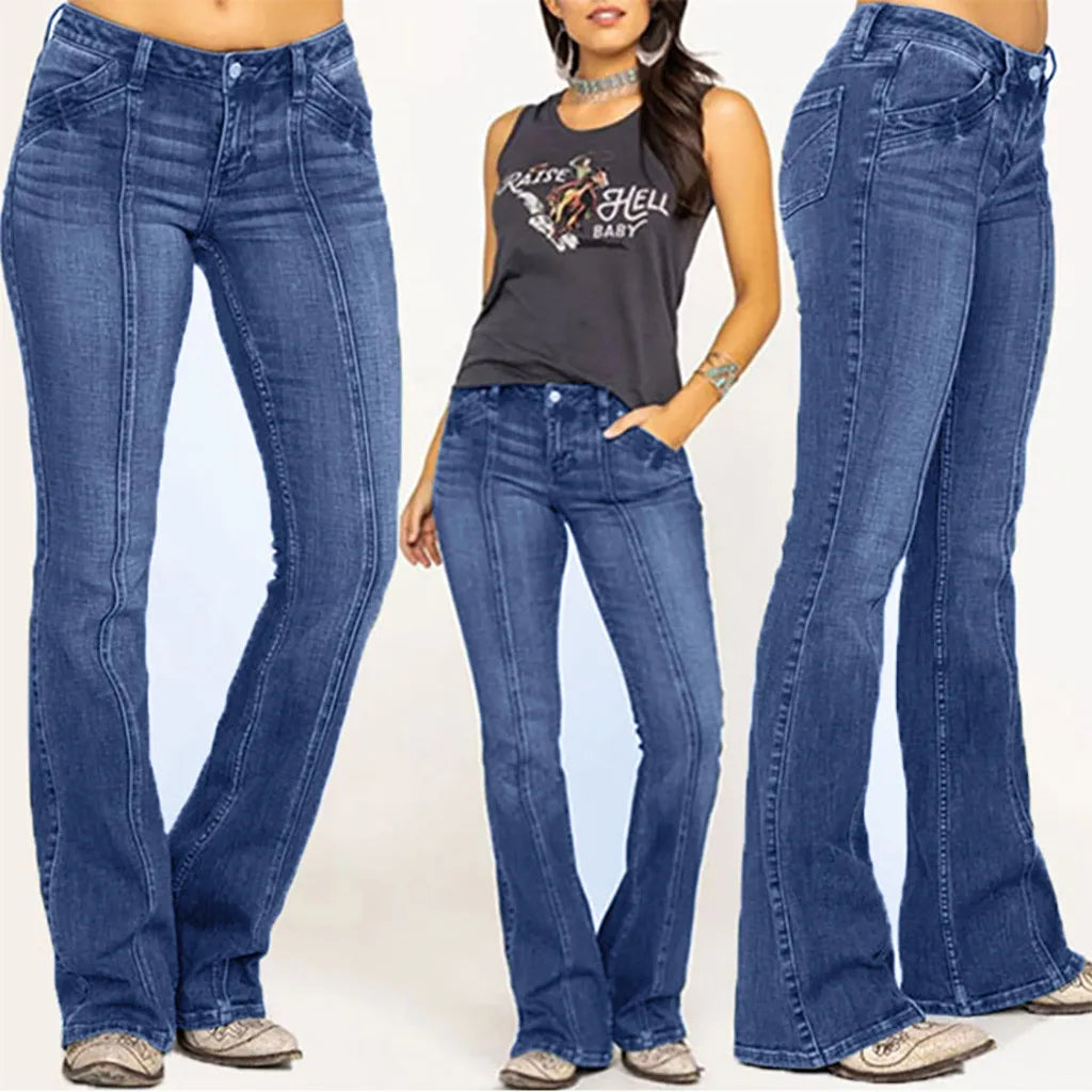 Women'S Jeans Denim Mid Waisted Denim Pants Embroidery Stretch Button Flare Pants Jeans 90s Vintage Clothes For Female