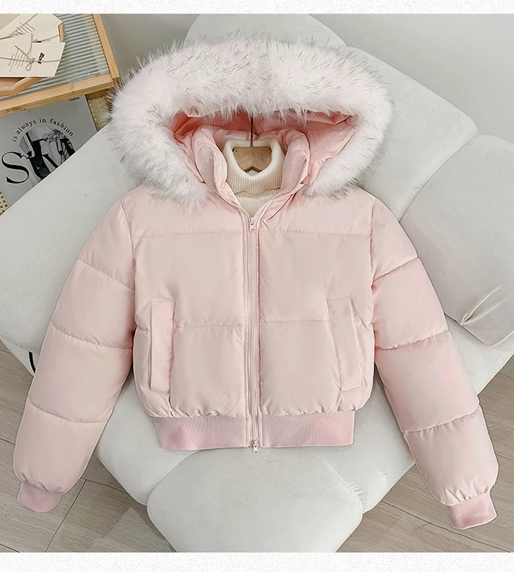 Women's Short Thickened Winter Cotton Jacket Quilted Coat Fur Collar American Retro Style Warm Casual Fashion Regular Fit