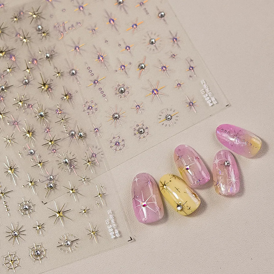 Luxury Diamond Gold Sliver 5D Bronzing Star Nail Sticker Shiny Laser Starlight Nail Decals 8*10cm Self-Adhesive Nail Decorations