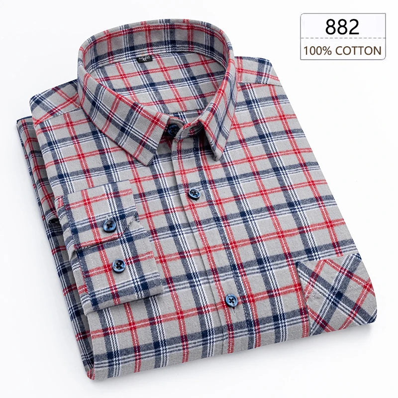 Men's Winter Chic Long Sleeve Shirt Cotton Flannel Plaid Button-Up Comfortable Warm Top for Business Casual Dress Shirts New