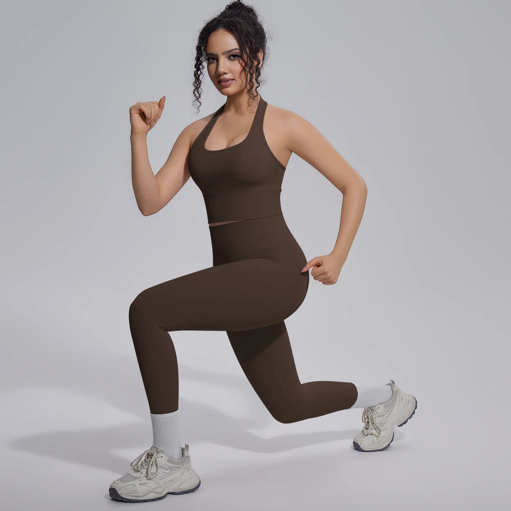 Rooftrellen New Women's Two-piece Set Fitness Sports Solid Color Yoga Set Summer Quick Drying Legging Pants Gather I-shaped Vest
