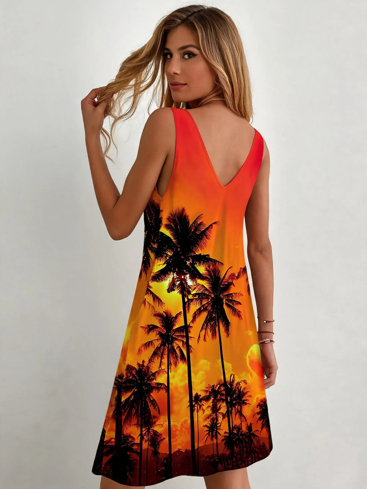 European Plus Size Ladies Sunset Coconut Tree Printed Dress Stretchy Sleeveless V Neck Loose Casual Summer Beach Mid Dress