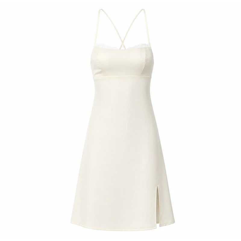 White Satin Women's Mini Dress Backless Patchwork Lace-up Sleeveless Dresses 2026 Fashion Summer Party Evening Elegant Vestidos