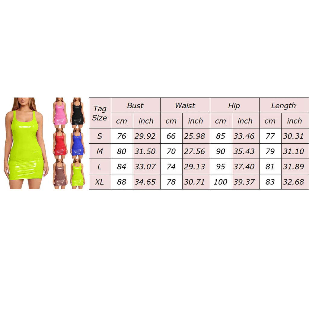 Women's Colorful Leather Dress Zipper PU High Elastic Round Neck Dress Short Skirt Elastic Leather Dress Wrapped Hip Sundress
