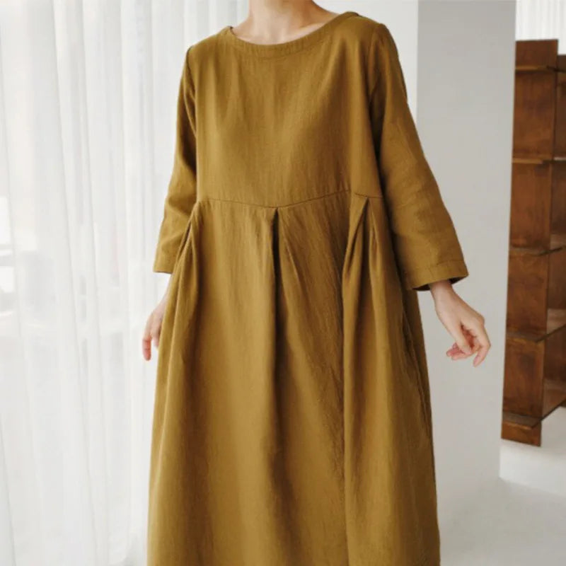 Oversized Loose Cotton Linen Dress Summer O-Neck Short Sleeve Pocket Harajuku Midi Party Dresses JYFS-0654