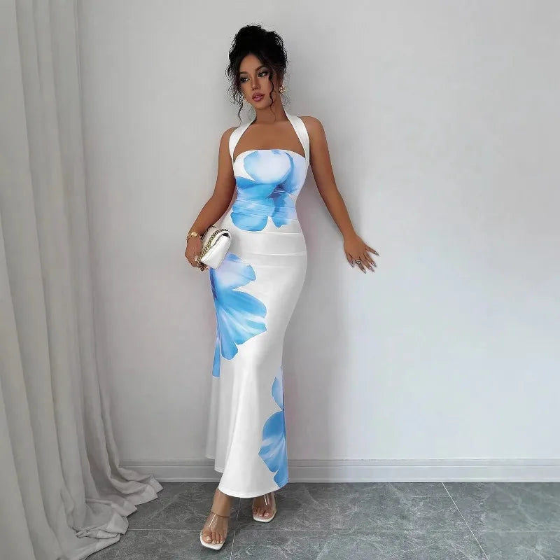 Women's 2026 New Popular Neck Halter Long Dress Hip-wrapped Printed Dress White Dress Birthday Dress for Women Summer Dress