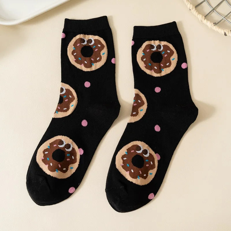 1/5 Pairs Burger Fries Fried Egg Donut Cute Cartoon Anime Breathable Fashion Mid-Calf Socks Unisex