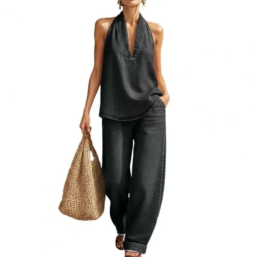 Women Denim Vest Pants Set Summer Vintage Washed Denim Sleeveless Hanging Neck V-neck tank top Straight Leg Pants OL Commuting