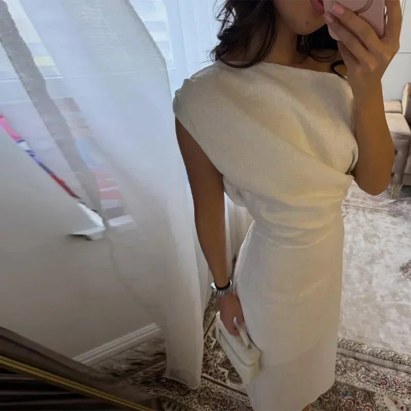 Elegant Off Shoulder Women's Dress Solid Sleeveless Oblique Collar Long Female Dresses 2026 Summer Fashion Lady Comfortable Robe