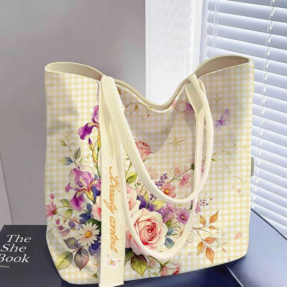 Portable Floral Canvas Tote Bag Large Capacity Reusable Commute Handbag Lightweight Shopping Bag For Work