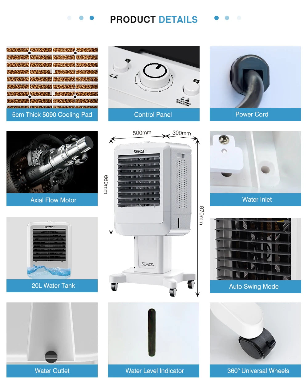Home Room Cooling Small AC Electric Portable Mobile Water Evaporative Air Cooler Conditioner Fan with 20L Water Tank