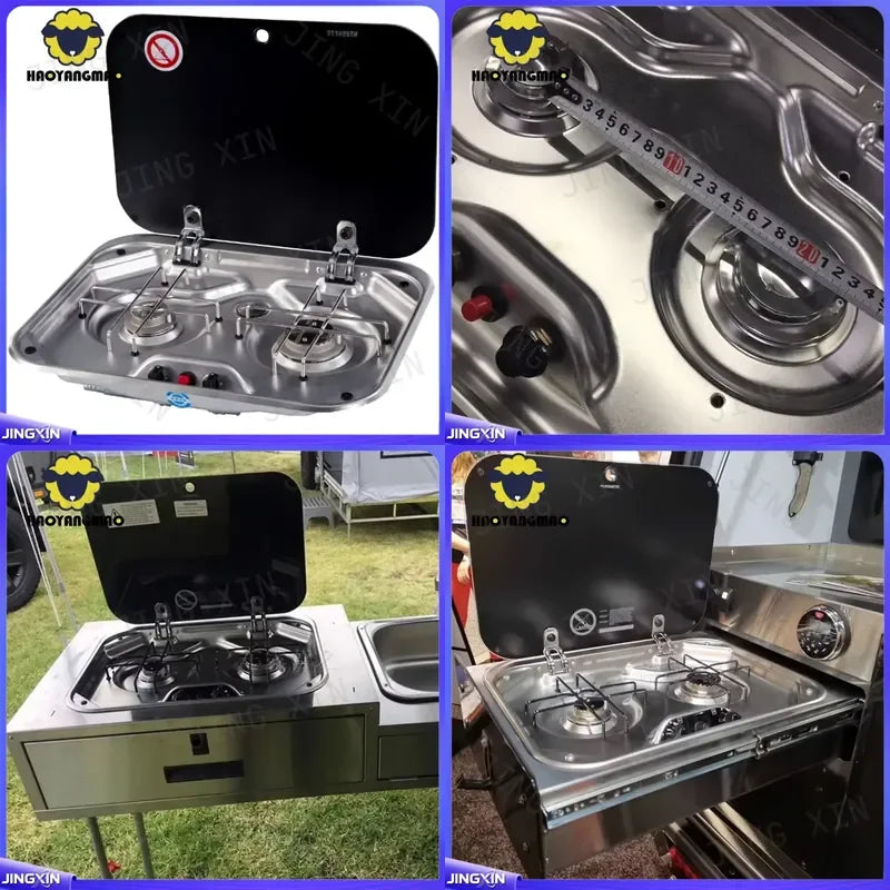 Custom for RV Camper Stainless Steel Double Burner Gas Stove with Tempered Glass Lid 2x1.35KW Outdoor Camping Kitchen