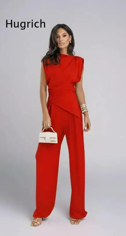 Women's Sleeveless High Waist Wide Leg Pants Set Elegant Solid Color Casual Two Piece Outfit for Summer Office Wear Fashion