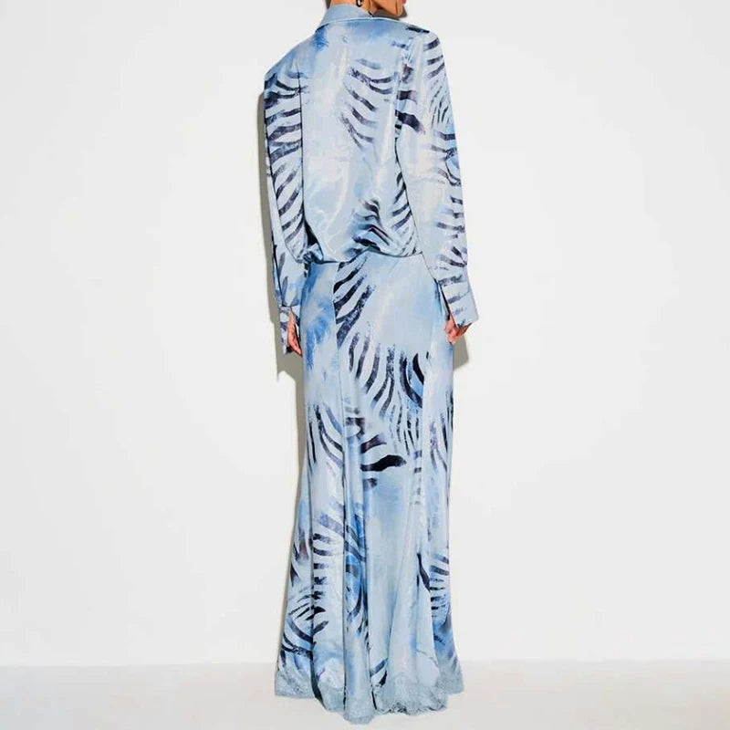 Fashion Printed Long Shirt Style Dress Women Full Sleeve Lapel Lace Patchwork High Split Dresses Female 2026 Autumn Lady Robe