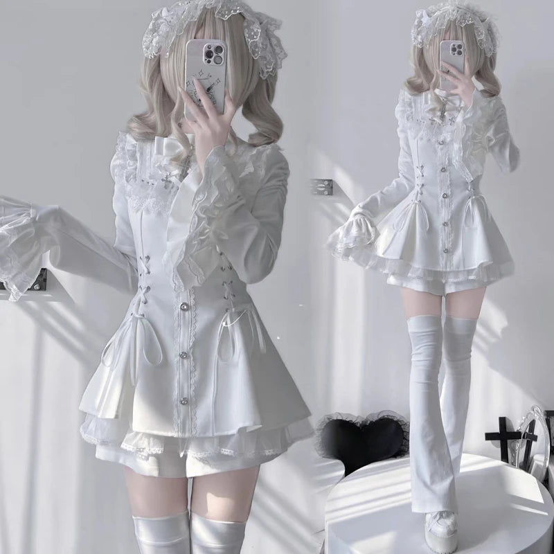 Gothic Lolita Two Piece Set with Bow, Y2K Aesthetic Flare Sleeve Mini Dress, Japanese Punk Style Party Co-ord Outfit