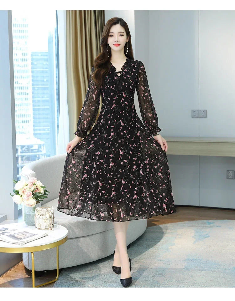 Woman Dress Summer Autumn New Long Sleeve Small Floral Chiffon Dress Dress Vestido De Mujer