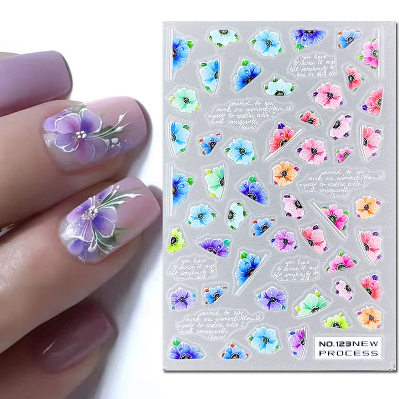3d Nail Art Ultrathin Decals Blue Pink Blossom Florals Flowers Leaves Nail Stickers Decoration For Nail Tips Beauty