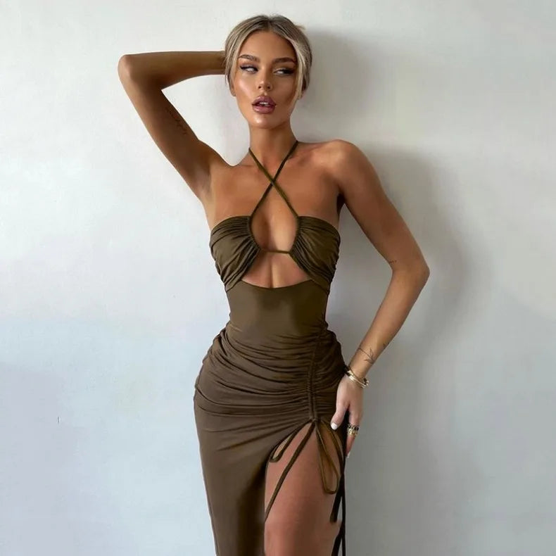 Solid Color Neck Hanging, Pleated High Slit Sexy Dress Birthday Party Dinner Party Sexy Elegant Fashionable Dress