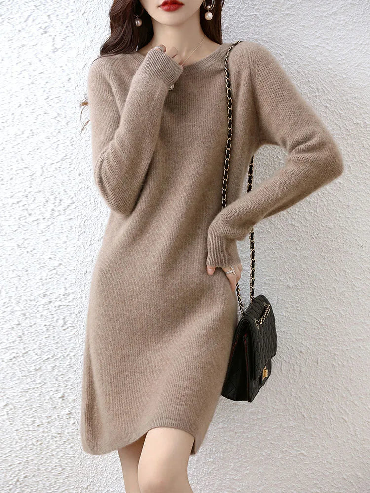 Knit Dresses for Women's Fashion Sweater 100% Merino Wool Winter Ladies O-Neck Warm Knitted Dress Fall Female Casual Black Skirt