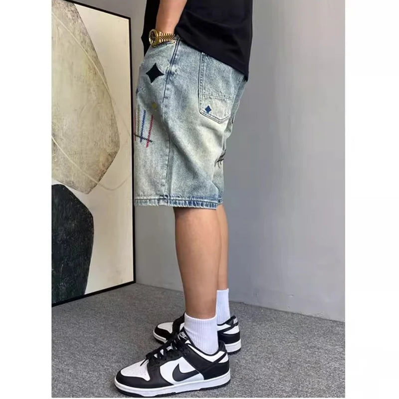 Summer Men American High Street Denim Short Pants Male Lightweight Straight Leg Casual Jeans Fashion Vintage Embroidered Shorts