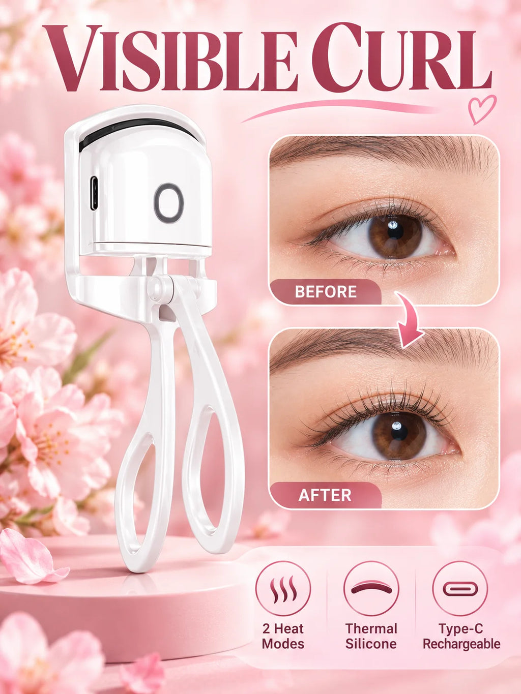 Electric Heated Eyelash Curler 2 Heat Modes Thermal Silicone Clamp Type-C Rechargeable Lash Curler 5-Min Auto Shut-Off Makeup To