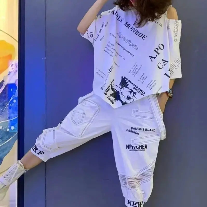2026 Summer Womens 2 Piece Outfit Set Fashion Off Shoulder Stand Neck Short Sleeve T Shirt Tops+Casual Printed Capris Pants Suit