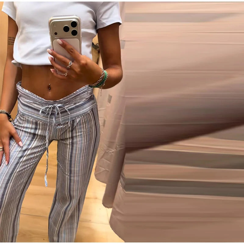 Color Vertical Stripe Women's Wide Leg Pants Folded Wide Waistband Side Thin Drawstring Tie Relaxed Drape Length Casual Pants