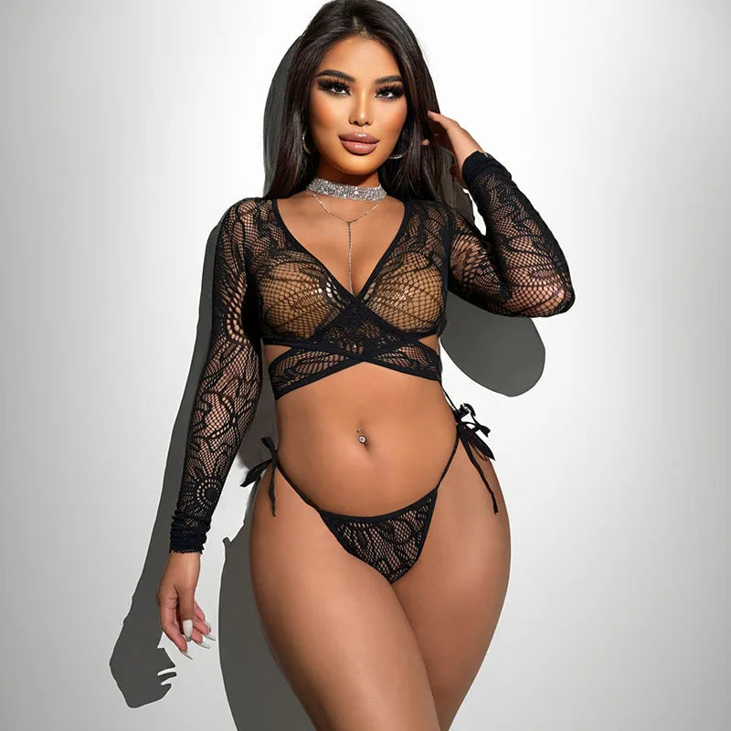 Hot Sexy Roleplay Fishnet Dress Woman Sexy Lingerie Transparent Bodysuit Secret Lace Underwear Maid Bodystockings Lace Handcuffs