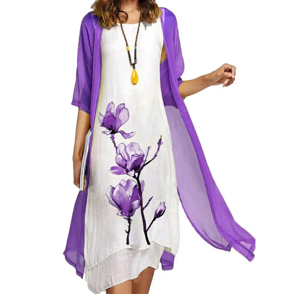 Flower Print Elegant Dress Shawl Coat Set Irregular Hem Dress Cardigan Coat Set Women Two-piece Mid Length Dress Coat Set 80%