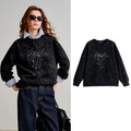TOYOUTH Women Batik Cotton Sweatshirts 2026 Spring New Bow Rhinestone Crew Neck Loose Black Tops