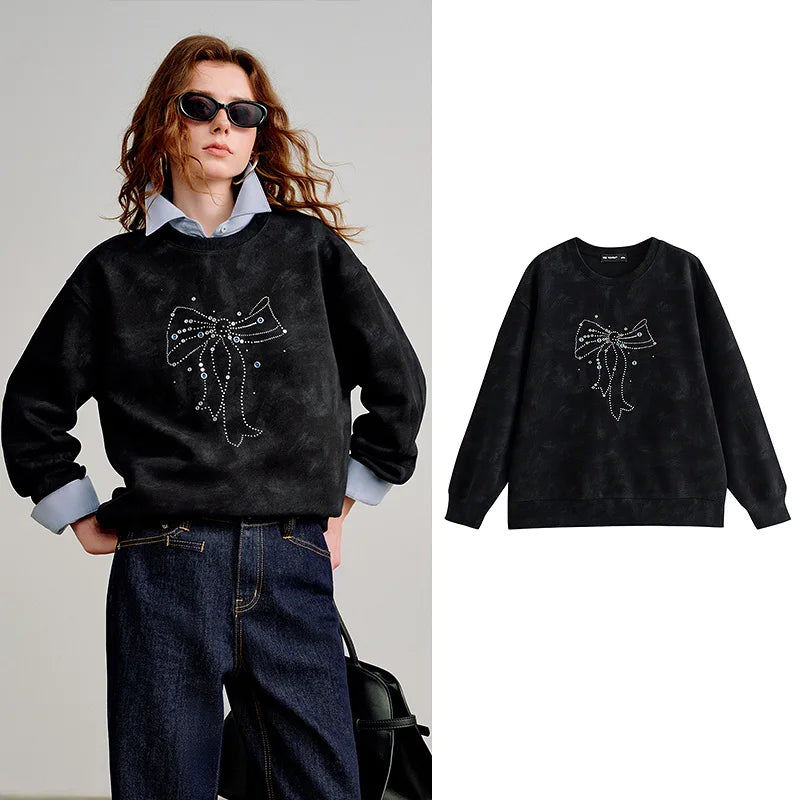 TOYOUTH Women Batik Cotton Sweatshirts 2026 Spring New Bow Rhinestone Crew Neck Loose Black Tops