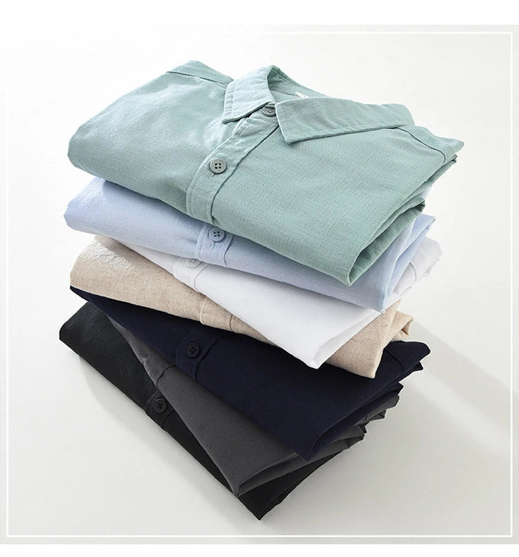 7369 Cotton Linen White Shirt for Men Good Quality Solid Color Simple Basic Long Sleeve Loose Casual Lapel Blouse Breathable Top