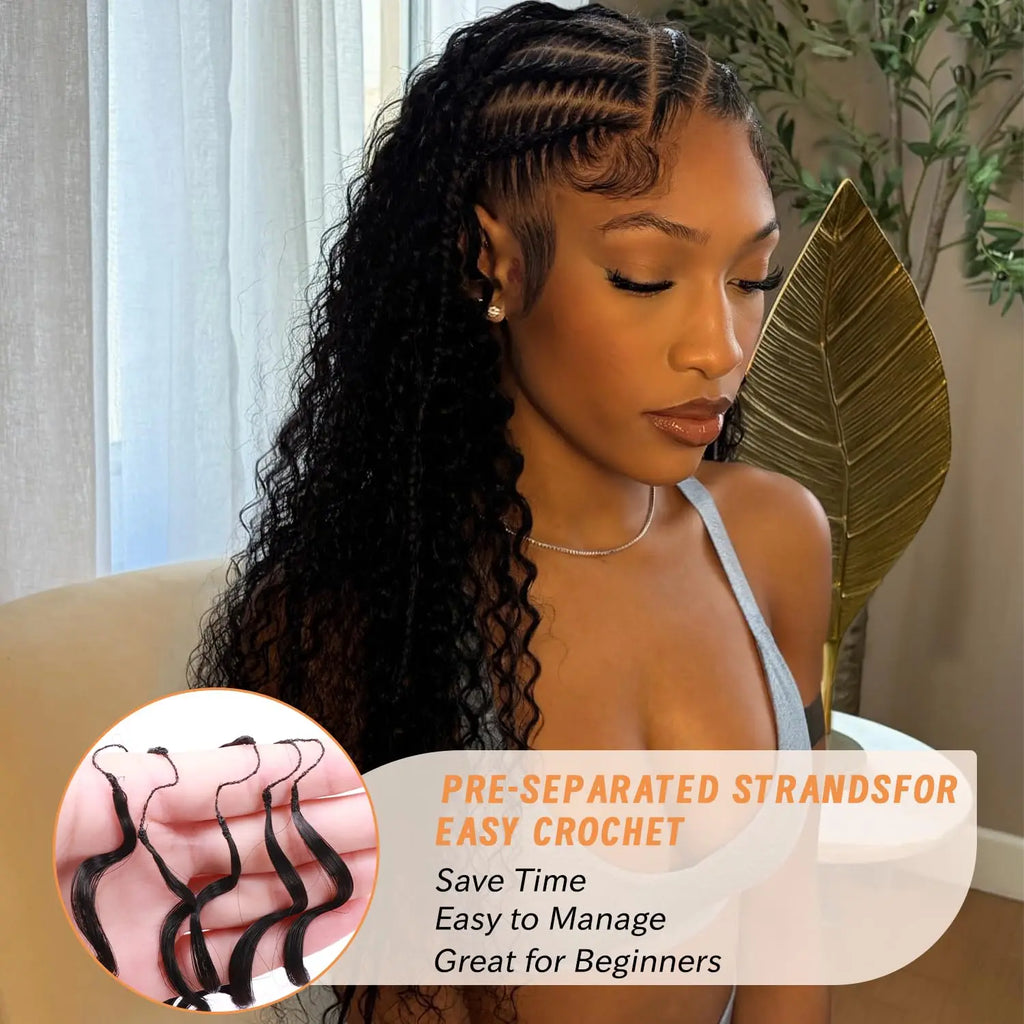 Feather Crochet Human Hair Miracle Knots Pre-divided Human Crochet Hair Bundle Knotless Deep Wave Boho Braids Crochet Human Hair