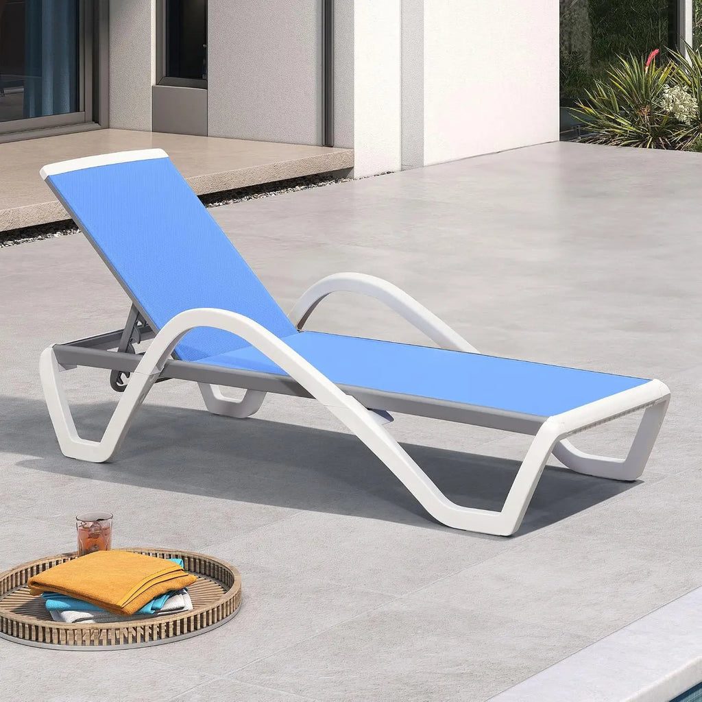 Stackable Plastic Chaise Lounge, 6-Position Reclining Flat Lay, PP & Textilene, Wheels, Outdoor Patio, Customized