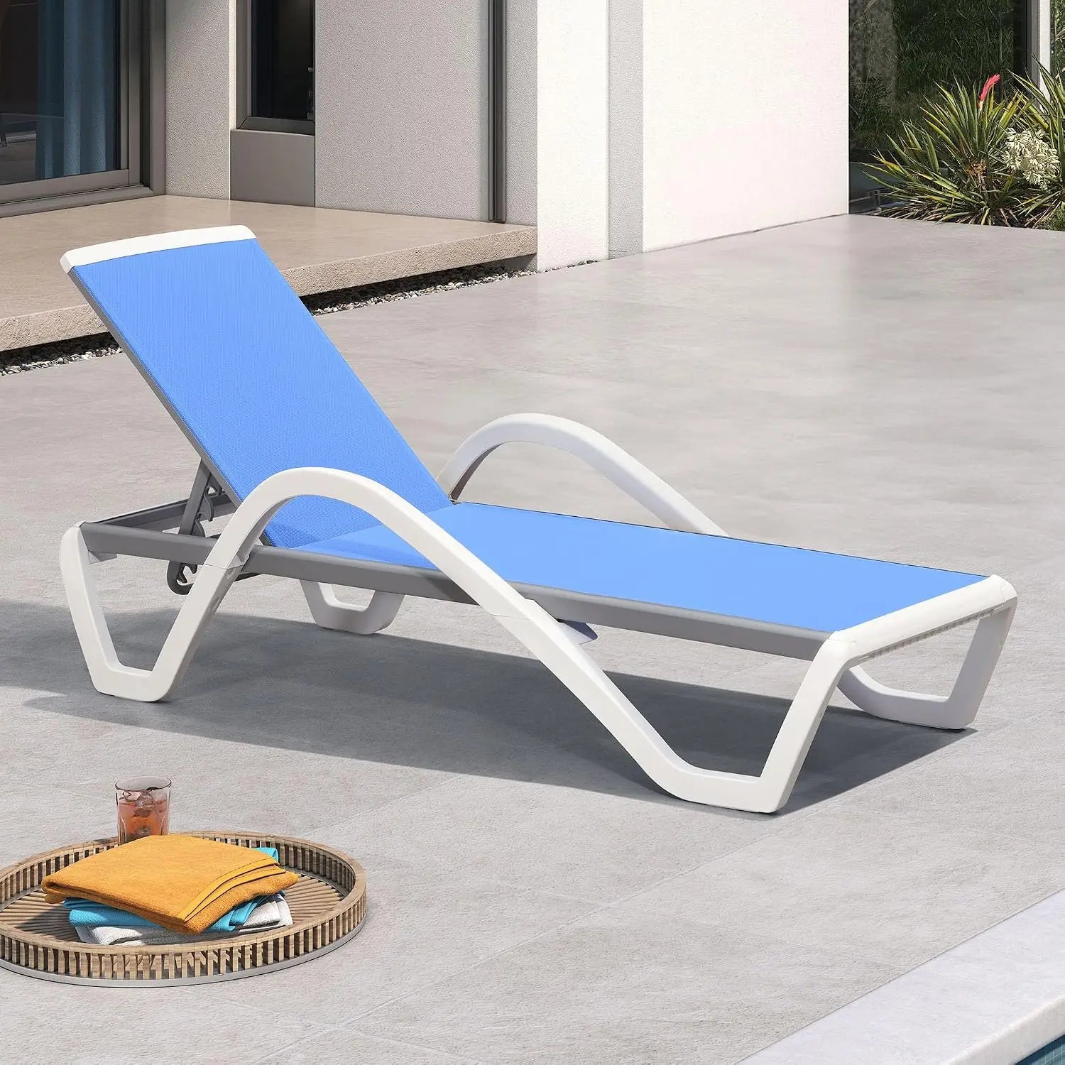 Stackable Plastic Chaise Lounge, 6-Position Reclining Flat Lay, PP & Textilene, Wheels, Outdoor Patio, Customized