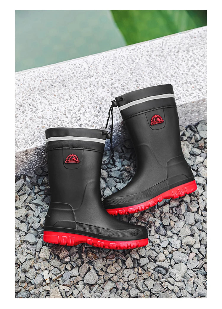 Men's Winter Fleece Lined Mid-Calf Rain Boots Anti-Slip Waterproof Work Rubber Boots Car Wash Fishing Outdoor Wear Water Shoes