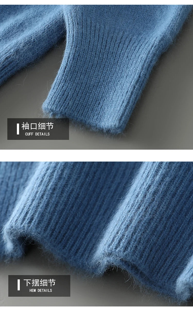 Men's Thicken 100%Pure Mink Cashmere Sweater Youth Button Semi-High Neck Loose Knit Pullovers Autumn and Winter Warm Base Shirt