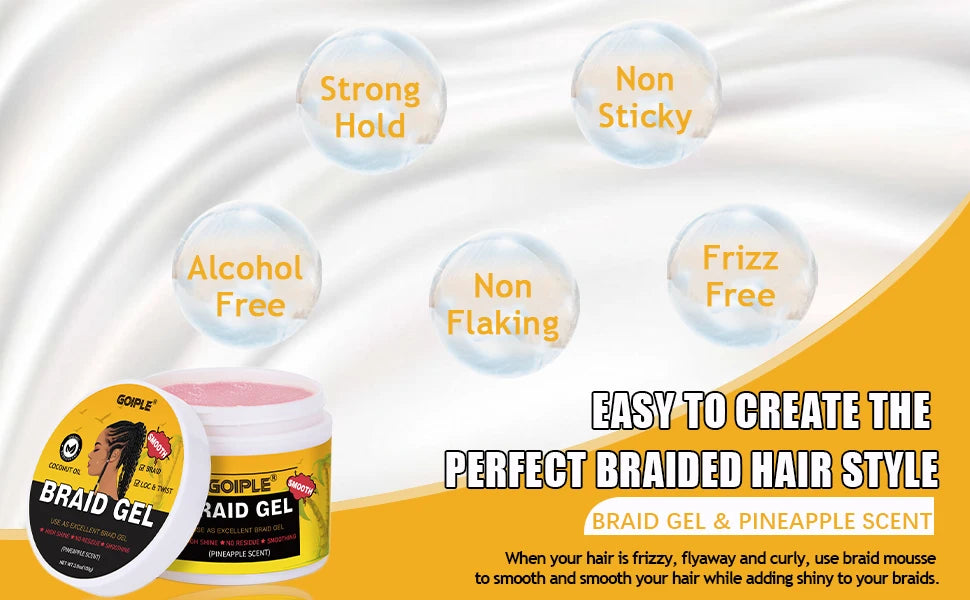 GOIPLE Extreme Hold Braid Gel-Styling Hair Wax for Cornrows, Locs, Twists and Fashionable Braids & Edge Control Gel & Brush 3pcs